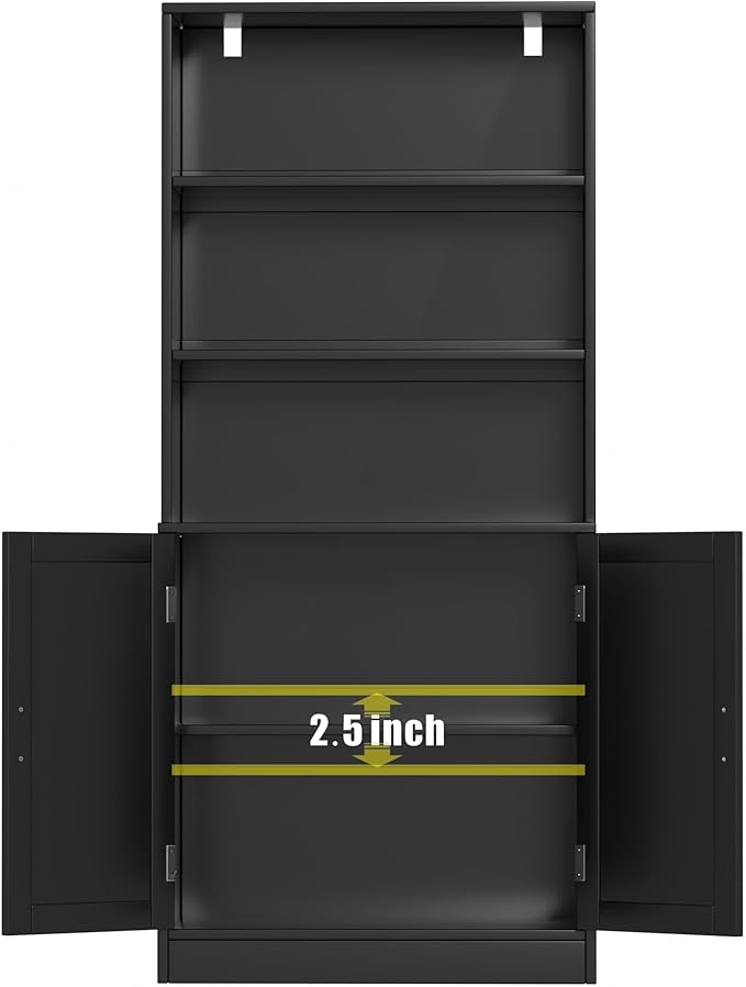 75" Tall Bookcase with Doors, 5 Tier Large Bookshelf with Cabinet, Standing Wood Display Book Shelf for Living Room, Office, Library with Doors, Black