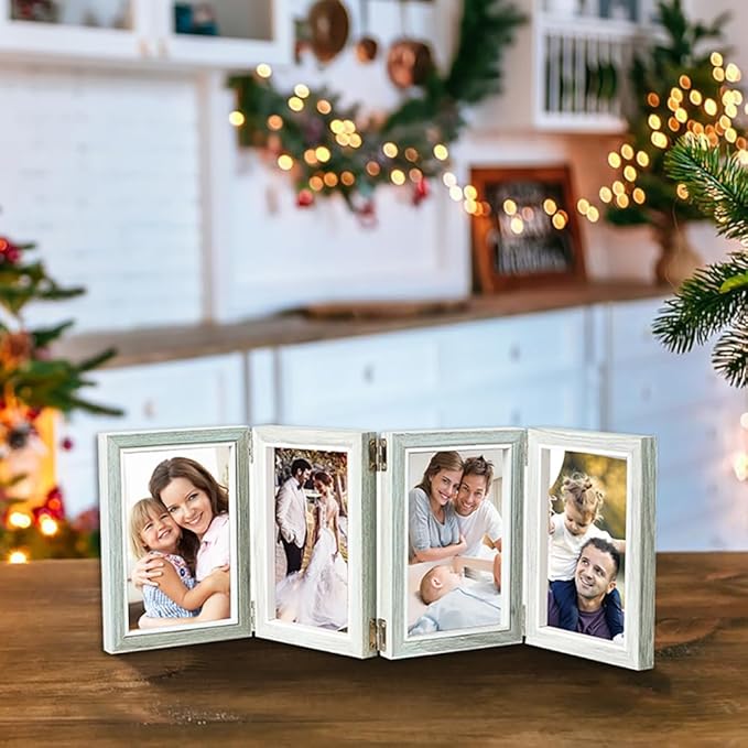 POILKMNI 4 Folding 5x7 Inch Hinged Picture Frame High Definition Natural Wood Picture Frame Rustic Desktop Acrylic Frame Family Photo Collage for Birthday Father's Day Christmas Family Lover Gift