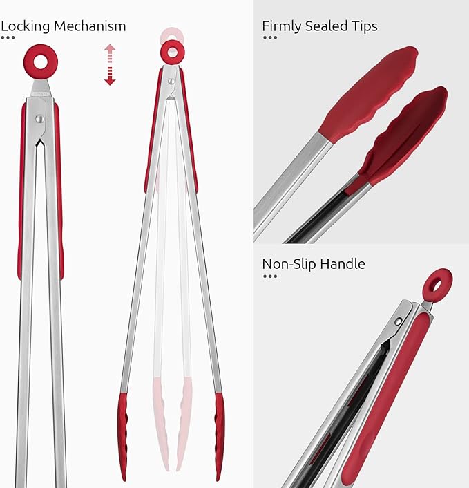 600쨘F Heat Resistant Kitchen Tongs: U-Taste 16 inch Extra Long Large Silicone Cooking Tong with Sturdy Non Stick Rubber Tips & Non Slip Silicon Coated 18/8 Stainless Steel Handle for Grilling BBQ(Red)