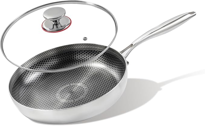 11 inch stainless steel frying pan with lid, hybrid non-stick skillet for induction, oven, broiler & dishwasher, non-toxic chef's pan, pfoa-free cookware