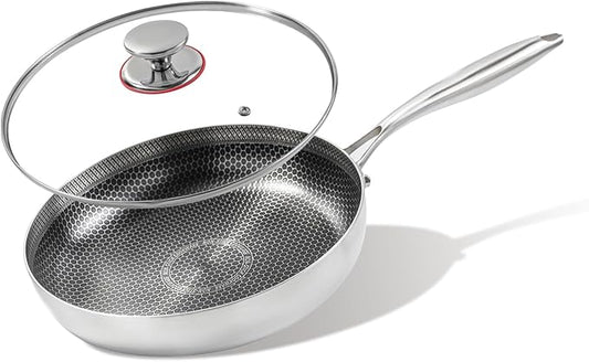 11 inch stainless steel frying pan with lid, hybrid non-stick skillet for induction, oven, broiler & dishwasher, non-toxic chef's pan, pfoa-free cookware