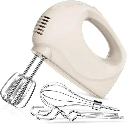 Handmixer Electric Handheld - 5 Speed Portable Kitchen Mixer Electric with 5 Stainless Steel Accessories Whisk, Food Beater for Whipping Mixing Cookies(Ivory)
