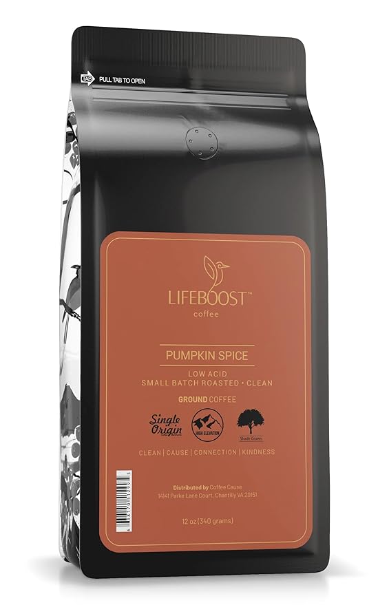 Lifeboost Pumpkin Spice Coffee Ground ??Organic, Low Acid, Non-GMO, Single Origin Medium Roast ??Mycotoxin-Free Cozy Flavored Fall Coffee, 12 oz