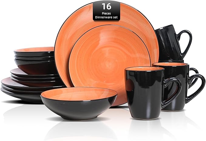 Stoneware Sonoma 16pc Dinnerware Set, Black + Speckled Spin Wash Orange