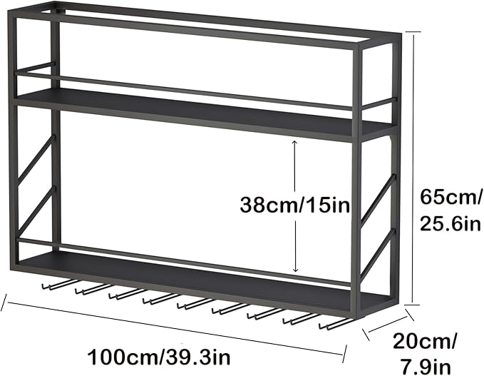 Wall Mounted Wine Rack with Glass Holder, 2-Tier Multi-Functional Shelf for Home, Restaurant, and Bar Storage (39.3?쓂 x 7.8?쒭 x 26?쒱)
