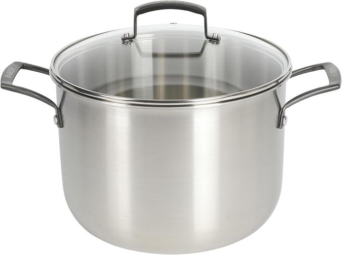 Babish 8 Quart Tri-Ply Stainless Steel Stock Pot with Glass Lid & Black Handles ??Dutch Oven, Oven Safe, Dishwasher Safe
