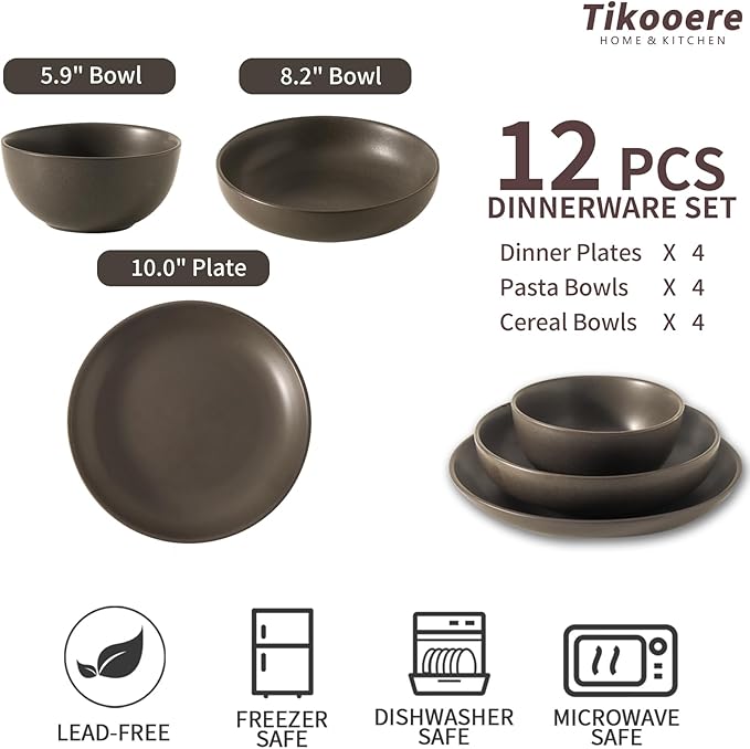 Stoneware Dinnerware Set for 4 Person,12 Pieces Ceramic Plates and Bowls Sets Matte Black Modern Dish Set for Kitchen Dinner,Scratch Resistant,Microwave and Dishwasher Safe,Round