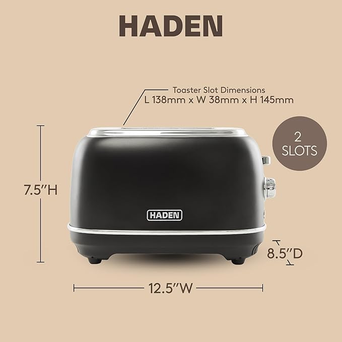 Haden Heritage 2 Slice Wide Slot Stainless Steel Toaster with Adjustable Browning Control & Non-Slip Feet, Black & Chrome