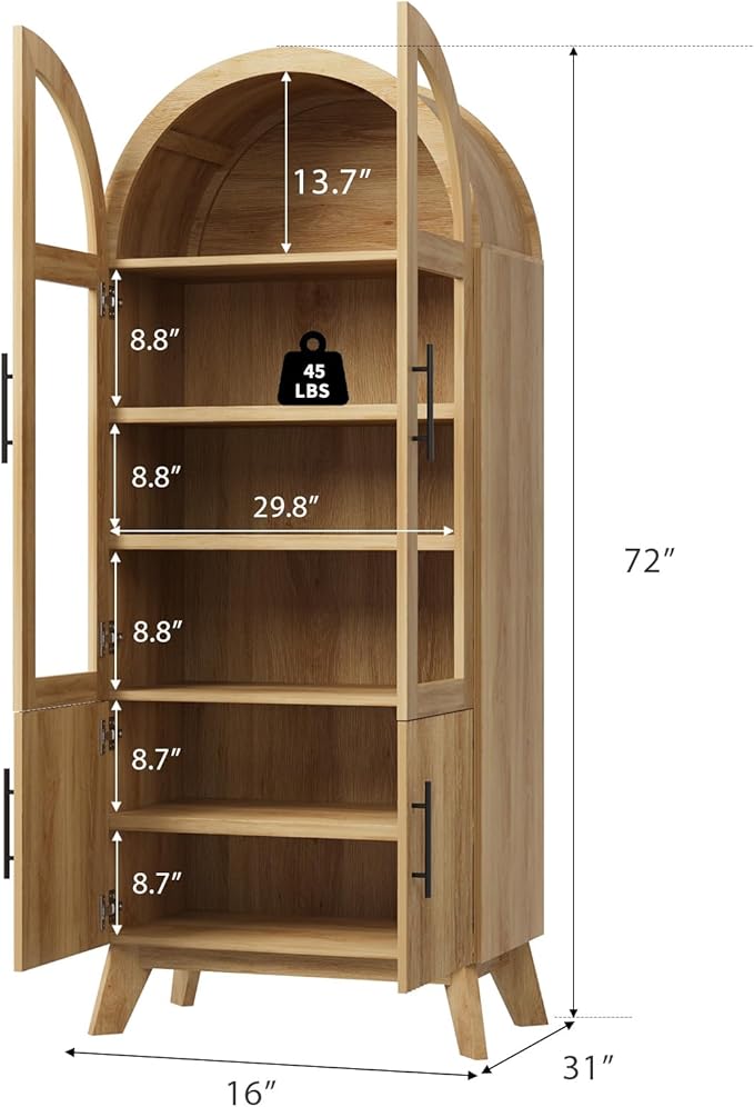 QUW 71" Modern Fluted Display Cabinet, Fluted Arched Pantry Cabinet, Tall Kitchen Storage Pantry with Adjustable Shelf, Storage Cabinet for Living Room, Dining Room, Natural Oak