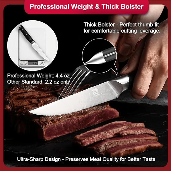 Steak Knives,4.5 Inch Steak Knives Set of 8, Micro-Cutting Point Serrated Edge, Very Sharp Steak Knife, Dishwasher Safe, 50CR15MOV Stainless Steel, Handle Ergonomic And Full Tang Design With Gift Box