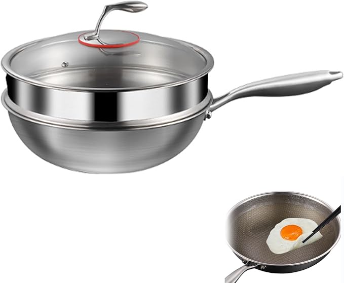 Titanium Wok, Multifunctional Ultra-Durable Scratch-Resistant Non Stick Even Heating Titanium Wok for Cooking, Titaniums Nutri Pans Compatible with All Cooktops,with Steamer,13.38in