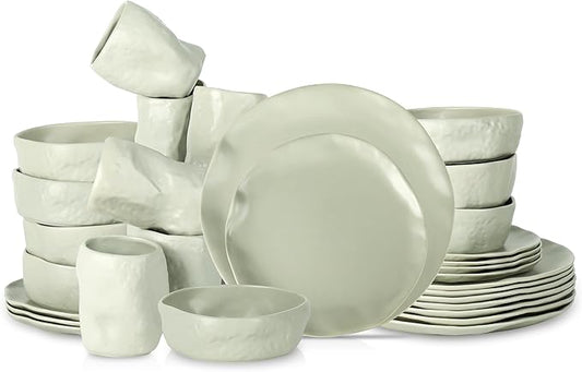 Stone by Mercer Project Atik Modern Stoneware 32-Piece Dinnerware Set, Plate and Bowl Set, Dish set for 8, Sage-Grey