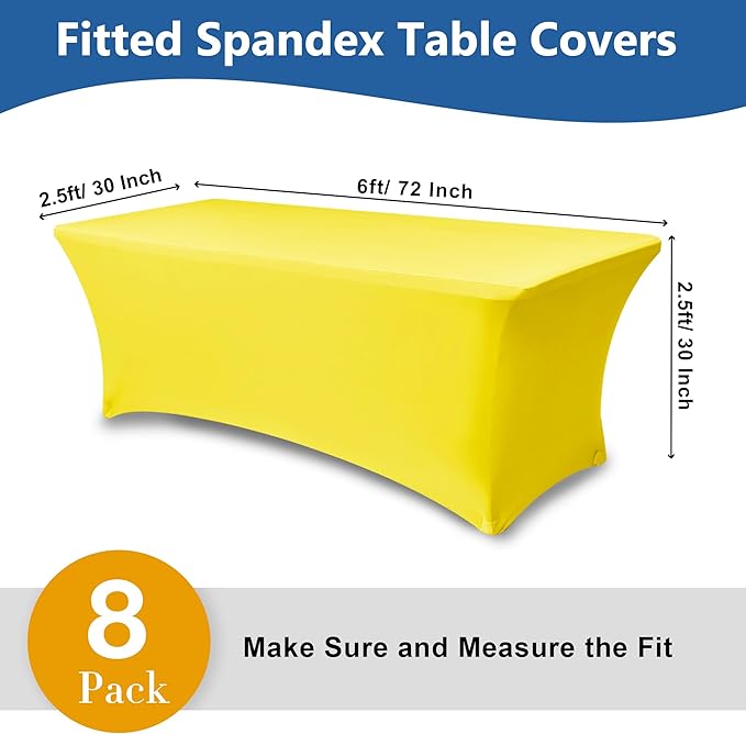 Enjoyidea Fitted Stretch Table Cover for 6 Foot Rectangle Tables-8 Pack Yellow Spandex Tablecloth-Elastic Folding Tablecloths for Party, Vendor Booth Display, Banquet Buffet Event, Craft Trade Show