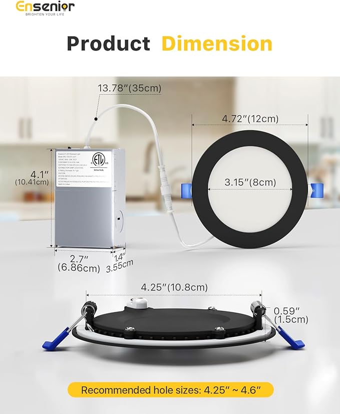 Ensenior 4 Pack 4 Inch LED Recessed Light, Dimmable, 2700K-5000K 5CCT, 750LM High Brightness, 9W 120V, Damp Rated, Ultra-Thin Canless Wafer Light, Black - ETL & FCC & IC