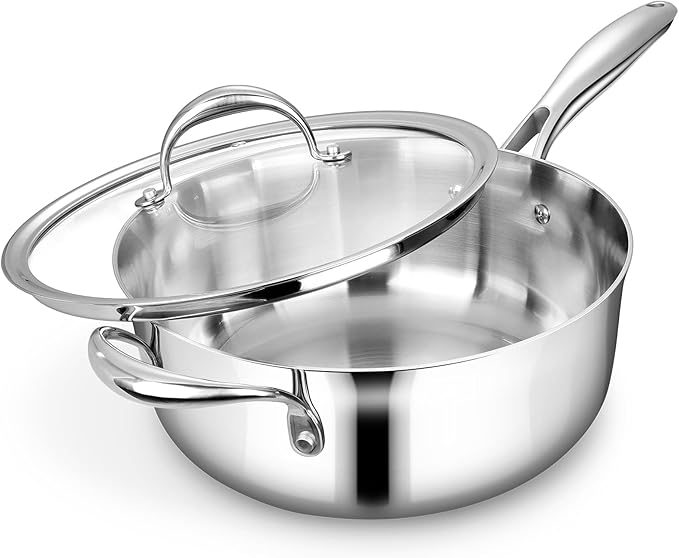 KEAWELL K3 Premium 4-Quart Tri-Ply Stainless Steel Saut챕 Pan with Lid, Induction & Oven Safe up to 600째F, Even Heating, Professional Cookware for All Stovetops (4-Qt)