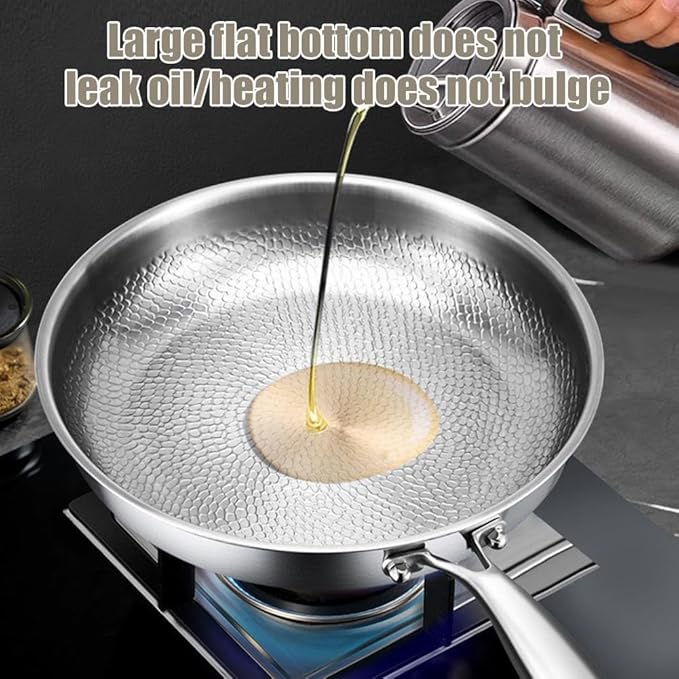 Stainless Steel Hammered Pan Pro, Titanium Full-Screen Honeycomb Wok, Fast Heating, Non-Stick Titanium Pan Without Coating, Includes Spatula and Cleaning Brush for All Cooktops (10.2in hammered*2)