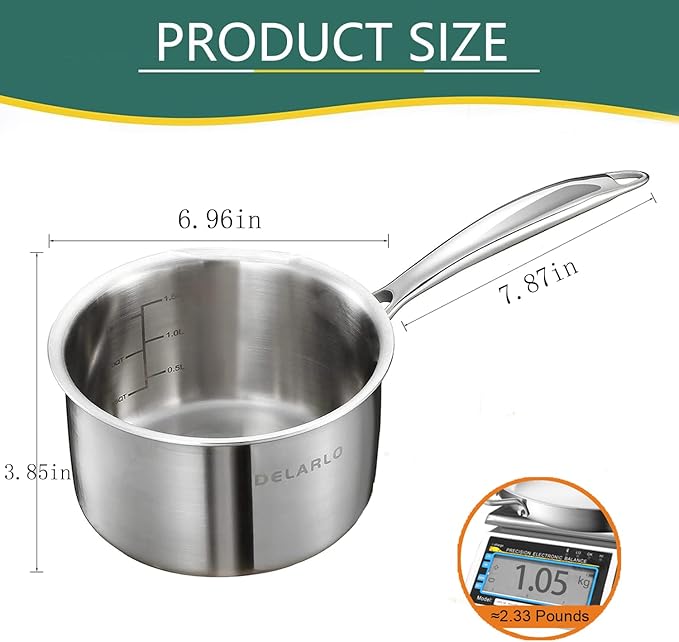 DELARLO Stainless Steel Small Brushed Saucepan With Lid, Induction Cooking Sauce Pot Pan, Full-body Clad Tri-Ply Heavy Bottom Saucier Cookware, Dishwasher Safe & Oven Safe(2 Quart)