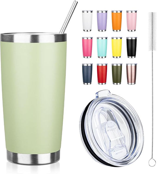 ATIKZHE 20oz Tumbler with Straw and Brush, Stainless Steel Vacuum Insulated tumbler, Double Wall Insulated Coffee Tumbler for Outdoor, Home, Travel,Office (Matcha Green,1pcs)