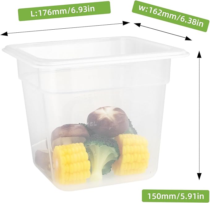 6-Pack Food Pan with Lids, 1/6 Size Food Storage Containers for homes, schools, restaurants, hotels Meal Prep, -40??160?? Stackable, Freezer-Safe (1/6 size 6 inch deep, 2.22L/2.35QT)