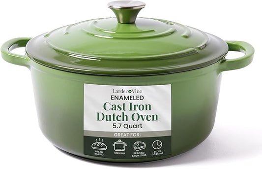 Larder & Vine Enameled Cast Iron 5.7qt Dutch Oven Pot with Lid | Bread Baking | Compatible on All Cooktops & Oven Safe to 500째 F | Great for Sourdough Bread | Okra