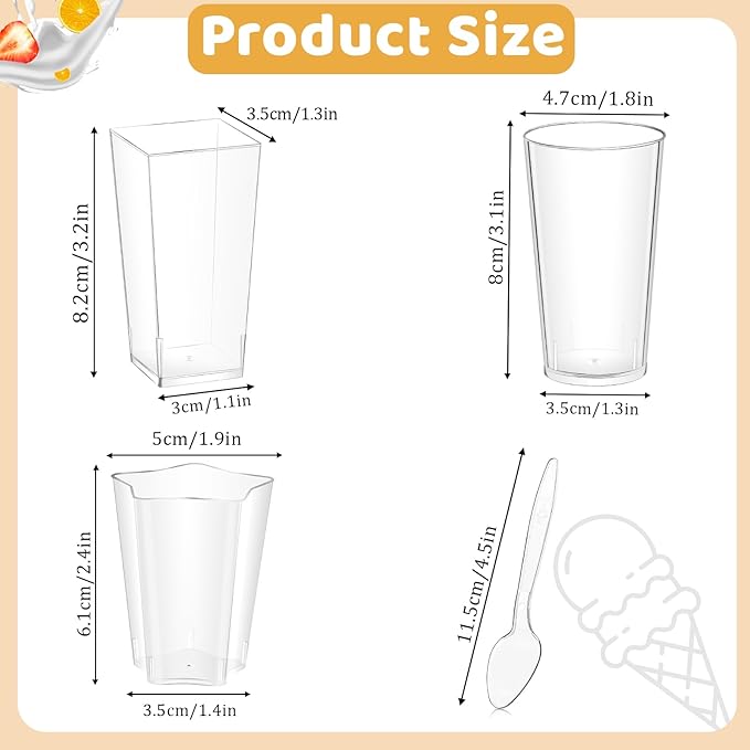 ALEXPRE 240 Packs 2/3 oz Mini Dessert Cups with Spoons, Square/Round/Five-pointed Star Clear Dessert Parfait Cups, Mini Plastic Dessert Cups Small Reusable Fruit Ice Cream Pudding Appetizer Cup Bowls