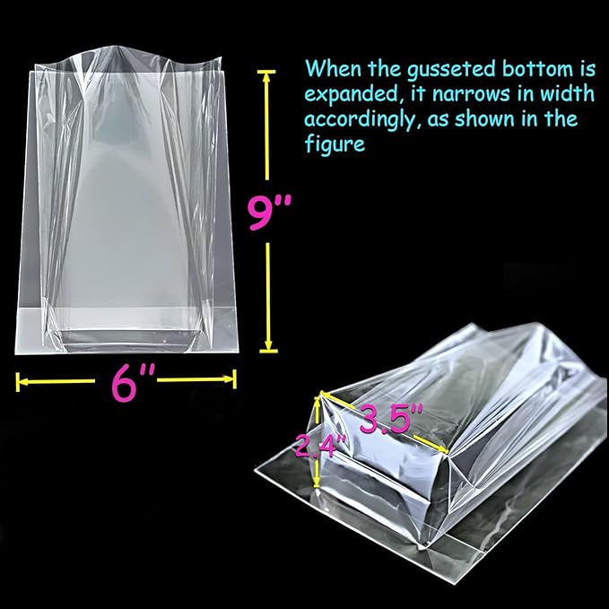 PigPotParty Cellophane Treat Bags 6"x9", 50 Pack Clear Goodie Bags, Bottom Gusset for Stand-Up Display, Small Plastic Gift Wrap for Cookies, Candy, Party Favors, Popcorn, Includes 50 Gold Ties