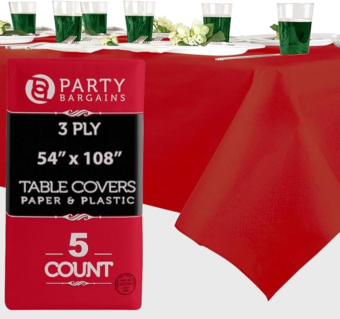PARTY BARGAINS Disposable Table Covers, 54 x 108 Inch, Real-Red, 3-Ply Paper & Plastic Spill-Resistant Party Tablecloths, 5 Pack