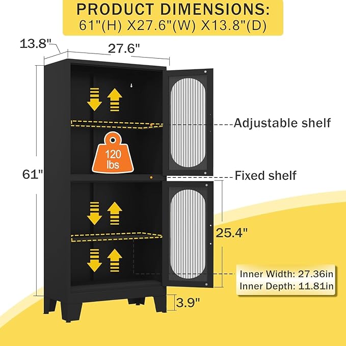 Pantry Cabinet, 61" with Acrylic Glass Doors and Adjustable Shelves, Metal Kitchen Cabinet for Multiple Rooms