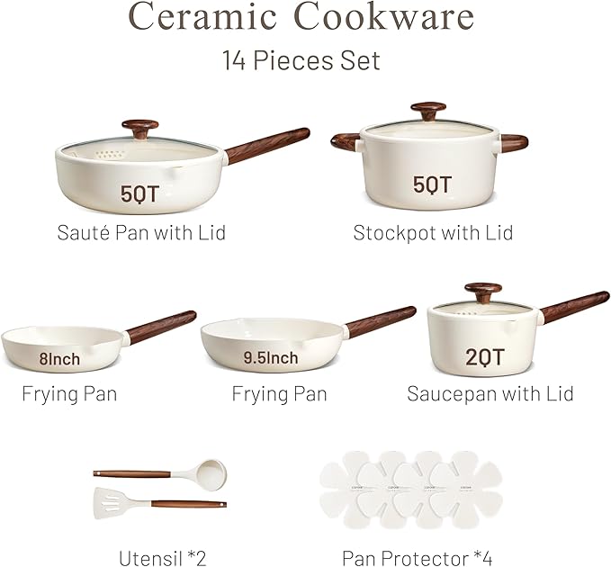 CAROTE Ceramic Cookware Sets, Pots and Pans Set Non stick, Non Toxic Healthy Induction Cookware, 14 Pcs Nonstick Kitchen Pots and Pans Set, PFAS PTFE Free, Dishwasher Safe