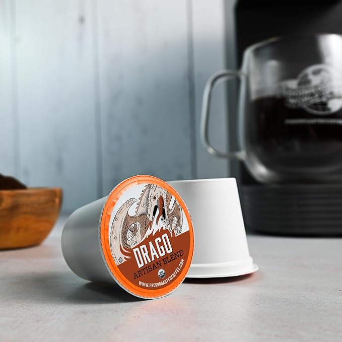Fresh Roasted Coffee, Organic Drago Caf챕 Blend | USDA Organic, Kosher | Medium Roast 24 Pods for K Cup Brewers