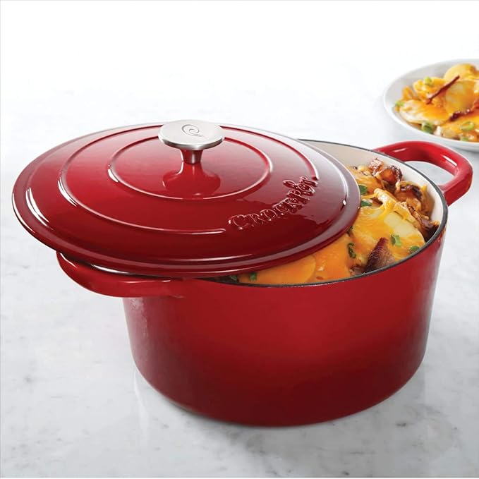 Crock-Pot Artisan 7-Quart Round Enameled Cast Iron Dutch Oven ??Scarlet Red, Heavy-Duty Cookware for Slow Cooking, Baking, Roasting with Lid