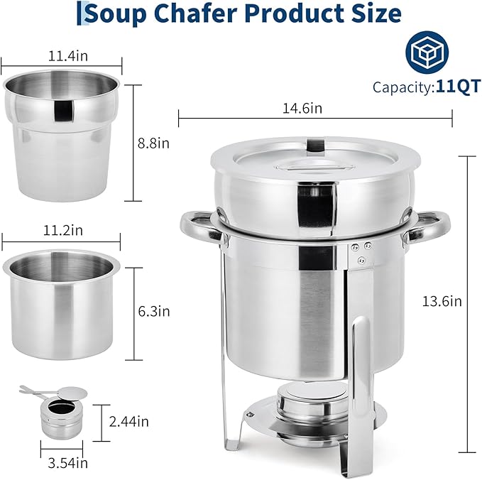 Garvee 11QT Commercial-Grade Soup Chafer Set of 4, Stainless Steel Round Food Warmers with Pots, Notched Lids & Fuel Holders, Commercial Buffet Equipment for Large Banquet Service & Buffet Catering