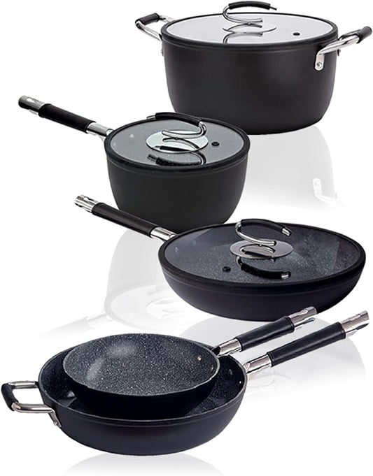 DaTerra Cucina Nonstick Dinner Party Bundle ??2.6 Qt Saucepan with Lid, 9.5" & 13" Frying Pans and 13" Wok and 8 Qt Dutch Oven with Lids, Durable Ceramic Coating, Made in Italy ??Volcanic Black