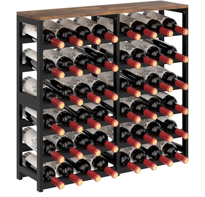 6 Tier Bamboo Wine Rack Freestanding Floor, 24 Bottles Wine Storage Shelves with Table Top, Stackable Wine Display Rack for Kitchen, Bar, Dining Room, Rustic Brown and Black