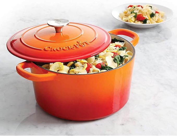 Crock-Pot Artisan 5-Quart Round Enameled Cast Iron Dutch Oven ??Sunset Orange, Durable Heavy-Duty Cookware for Slow Cooking, Roasting, Baking with Lid