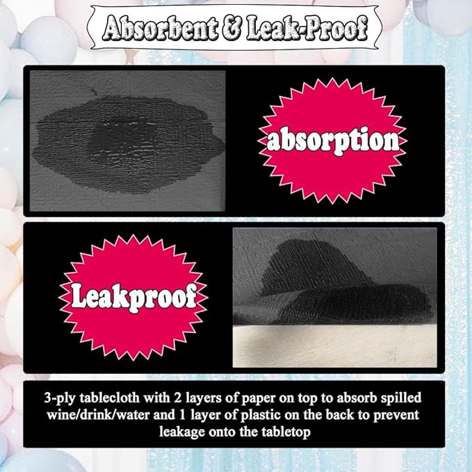 [6 Pack] Black Paper Tablecloth Disposable for Rectangle Tables, 54 X 108 Inch Party Table Cover with Plastic Backing, Waterproof 3 Ply Table Cloth for Halloween Graduation Banquet