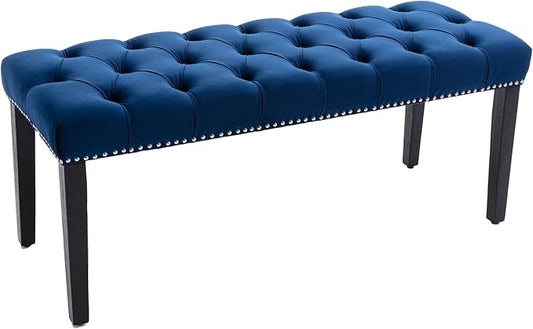 KCC Button-Tufted Ottoman Bench, Upholstered Bedroom Benches Velvet Footrest Stool Accent Bench for Entryway Dining Room Living Room Bedroom End of Bed, Blue