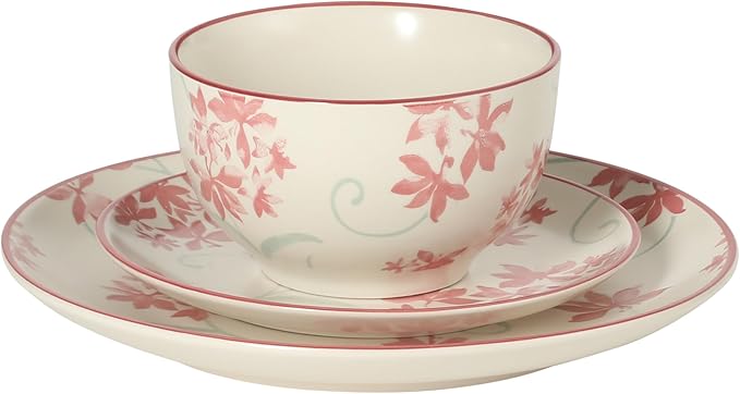 Gibson Home Admiral Hall 12-Piece Matte Stoneware Dinnerware Set ??Dinner Plates, Salad Plates & Bowls with Pink Floral Pattern, Durable Everyday Dish Set, Microwave & Dishwasher Safe