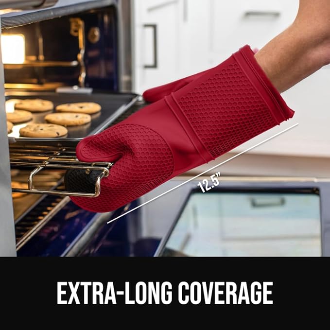 GORILLA GRIP BPA-Free Soft Silicone Oven Mitts, Heat Resistant and Waterproof Cooking Gloves, Thick Cotton Lining, Flexible Gripping Kitchen Potholders Set of 2, Christmas Kitchen Decor, 12.5x8.3, Red