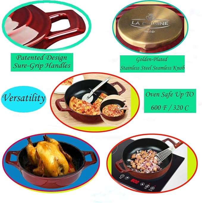 La Cuisine Cast Iron Braiser Shallow Dutch Oven Braising Saute Pan 3.75 QT 11" Dia. Internal Matte Black Enamel Coating, Oven Safe up to 500째 F Cranberry