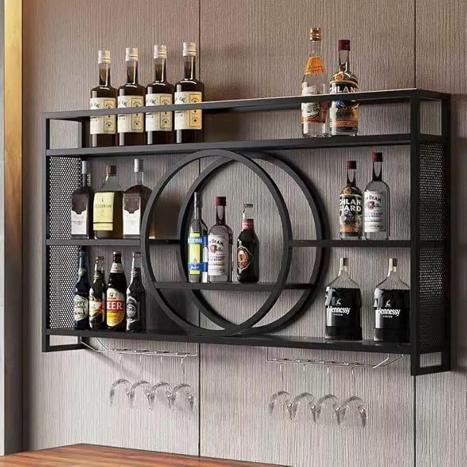 39 Inch Metal Wall Mounted Wine Rack, 3-Tier Bar Shelf with Glass Holder, Modern Large Capacity Liquor Bottle Display Shelf for Home Bar, Dining Room & Kitchen, Black