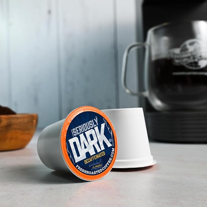 Fresh Roasted Coffee, Seriously Dark Decaf Artisan Blend, Kosher | 96 Pods for K Cup Brewers
