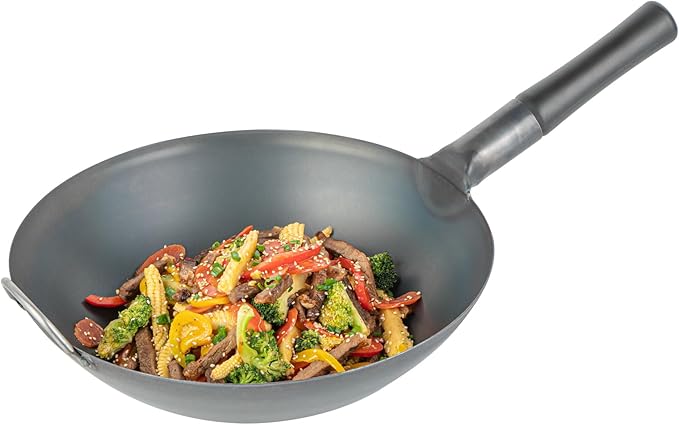 Restaurantware Carbon Steel Wok 10 Pack of 13.3 Inch Heavy-Duty Uniform Heat Distribution Pan Induction Compatible Flat Bottom Wok Welded Handle Black For Gas Stovetops And Grills