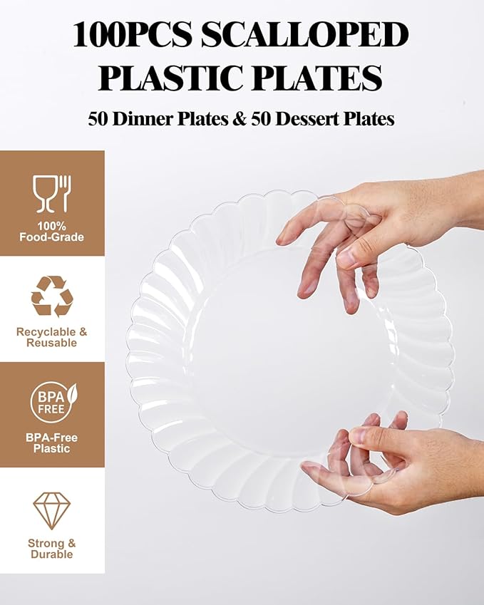 YOUBET 100PCS Clear Scalloped Plastic Plates - Heavy Duty Clear Disposable Plates, Fancy Hard Scalloped Plates Include 50 Dinner Plate, 50 Dessert Plate, for Wedding & Party