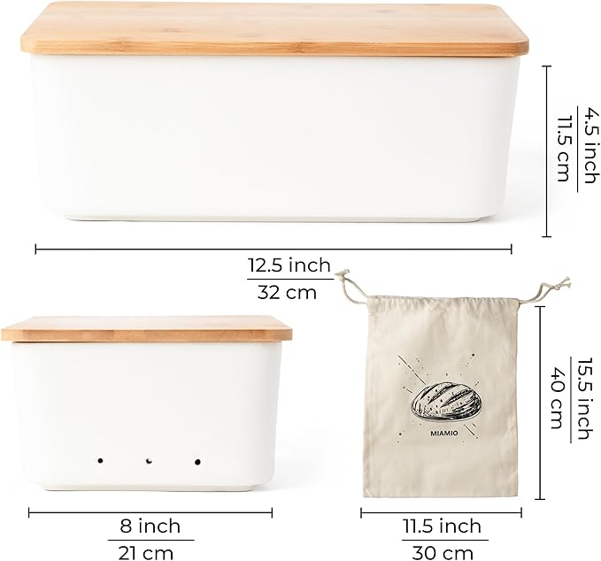 MIAMIO ??Bread Box for Kitchen Countertop/Ceramic Bread Box with Cutting Board, Bread Container with Bamboo Lid, 12.6 x 7.9 x 4.5 inches