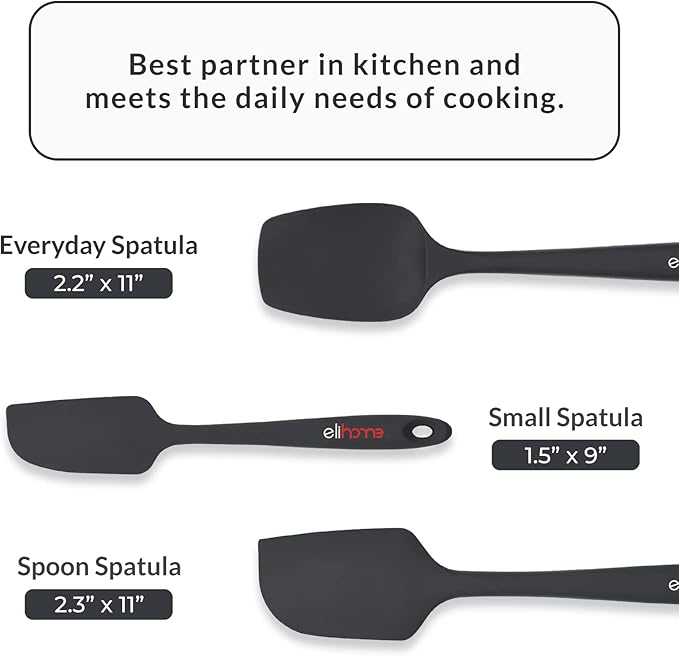 Elihome Chef Series 3 Piece Silicone Spatula Set - 600째F Heat Resistant Non Stick Rubber Kitchen Scraper Spatulas for Cooking, Baking, Mixing ??BPA Free and LFGB Certified Silicone(Black)