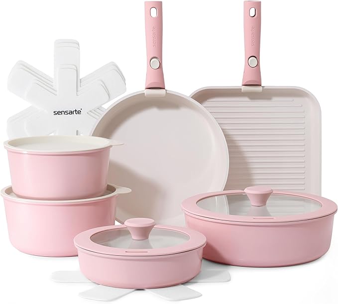 SENSARTE 17 Piece Ceramic Pots and Pans Set, Nonstick Detachable Handle Cookware, Induction Kitchen Cookware Set with Removable Handle, Dishwasher 竊?Oven Safe (Pink)