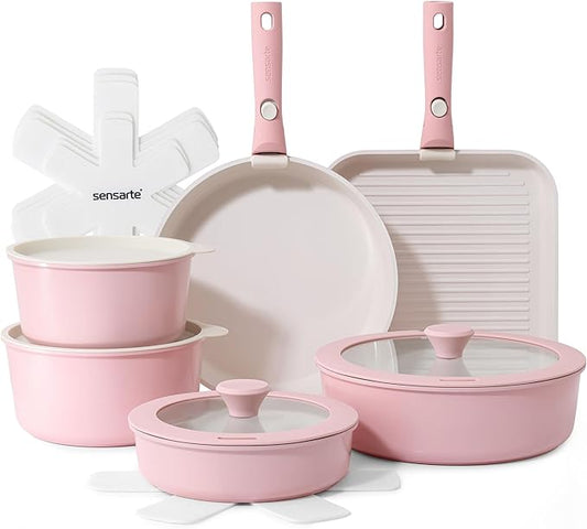 SENSARTE 17 Piece Ceramic Pots and Pans Set, Nonstick Detachable Handle Cookware, Induction Kitchen Cookware Set with Removable Handle, Dishwasher 竊?Oven Safe (Pink)