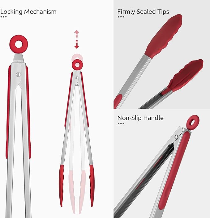600쨘F Heat Resistant Kitchen Tongs: U-Taste 12 inch Large Silicone Cooking Tong with Sturdy Non Stick Rubber Tips & Silicon Coated 18/8 Stainless Steel Handle & Smooth Locking for Serving Grill (Red)