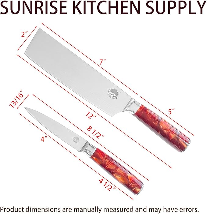 Professional 2-Piece Kitchen Knife Set, Nakiri and Paring Knives, Stainless Steel with Red Marbled Handle (Red)